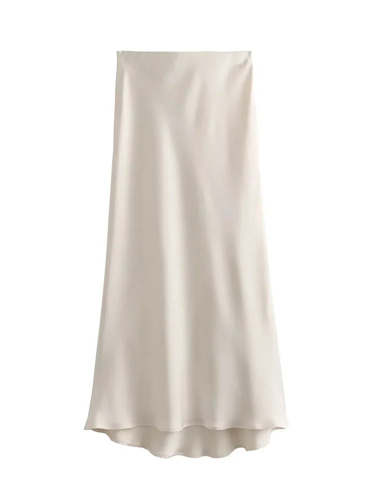 Willshela 2024 Black Satin Midi Skirt – High Waist Elegant Long Skirt for Women