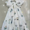 Women’s Vintage Print Dress – V-Neck Cotton Linen Short Sleeve Dress