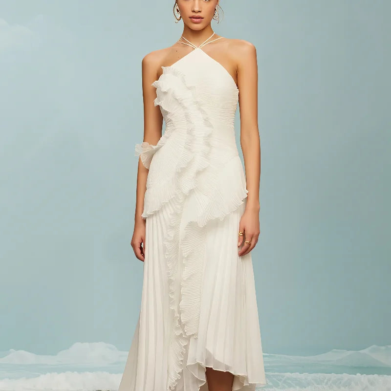 Elegant Purple Halter A-Line Evening Gown – Tiered Ruffle Backless Prom Dress in Chiffon