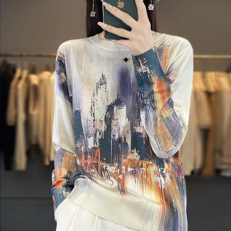 Women’s Wool & Silk Printed Sweater – Loose Fit Round Neck Knit Top