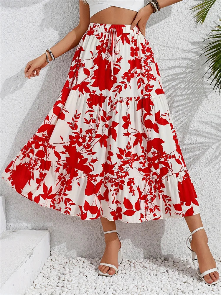 Fairyshely Red Leaf Print High Waist Midi Skirt for Women