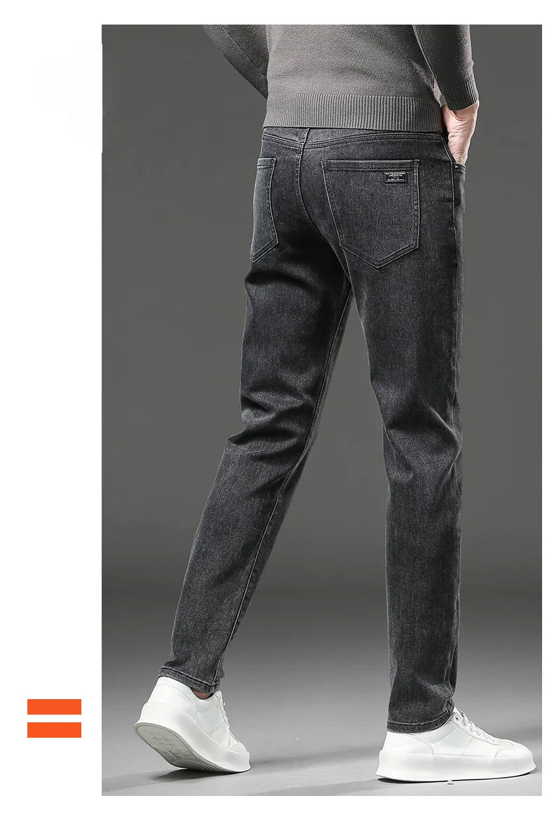 Men’s Winter Fleece-Lined Jeans – Thick Warm Slim Straight Elastic Denim Pants