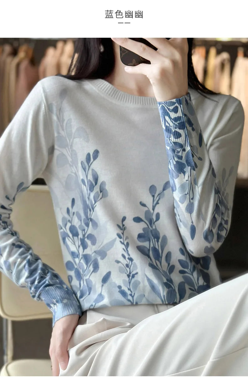 Women’s Wool & Silk Printed Sweater – Loose Fit Round Neck Knit Top