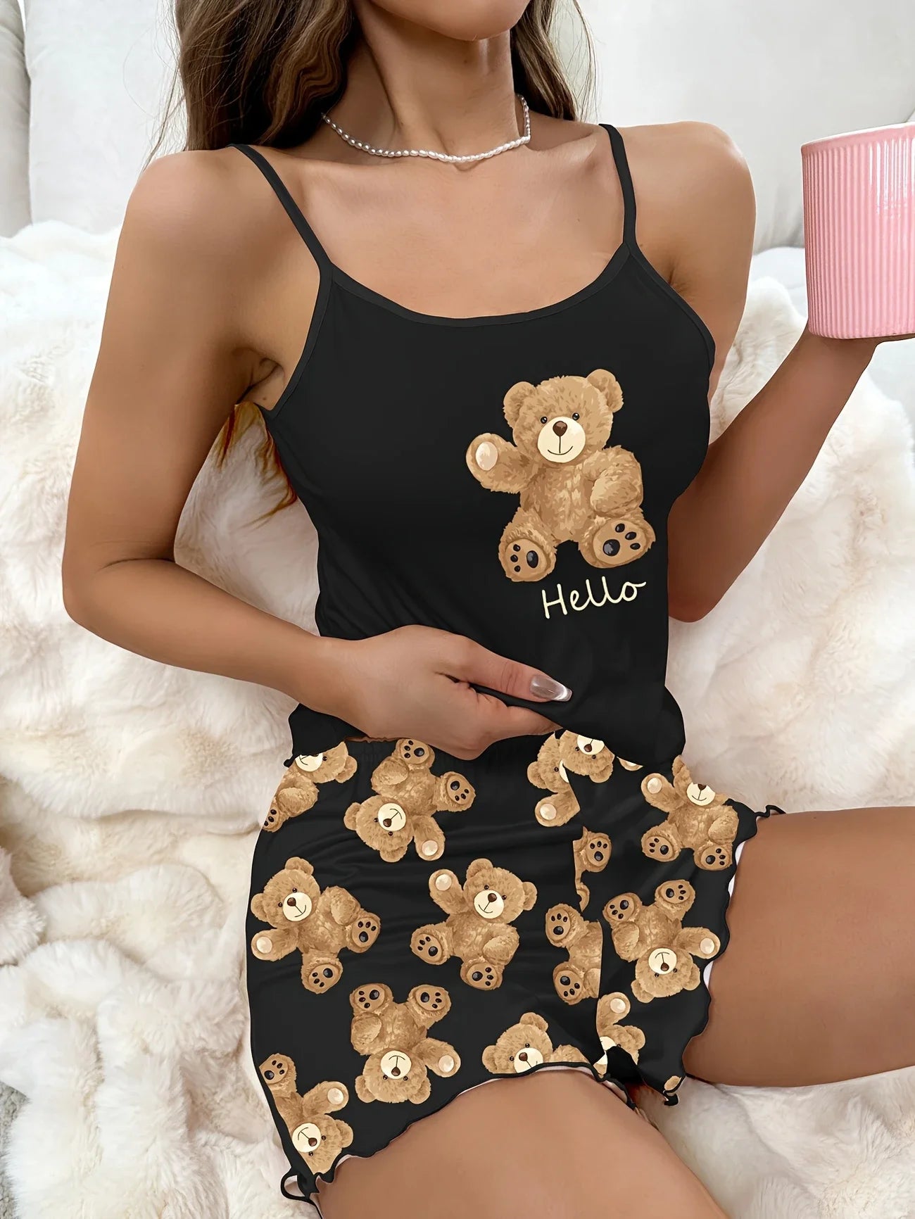 Women’s Summer Black Bear Print Pajama Set