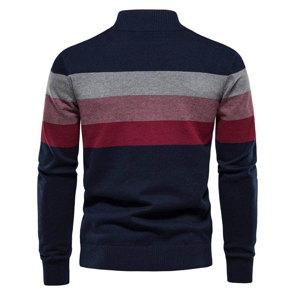 Men’s Patchwork Pullover Sweater – Cotton Mock Neck with Zipper