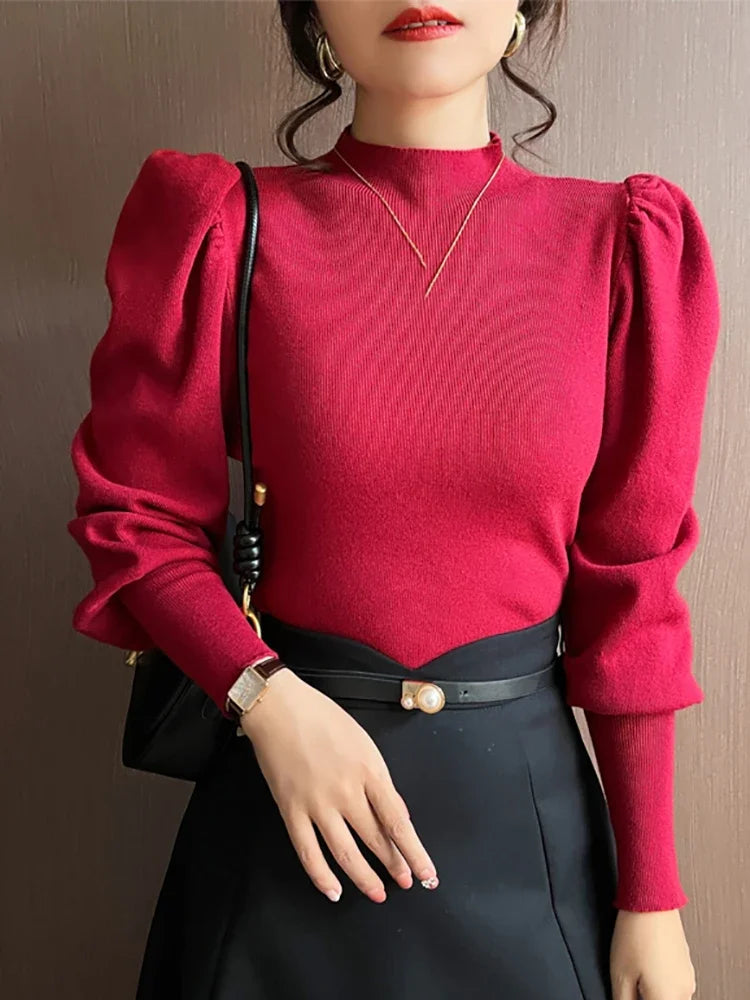 Women’s Puff Sleeve Turtleneck Slim Fit Sweater
