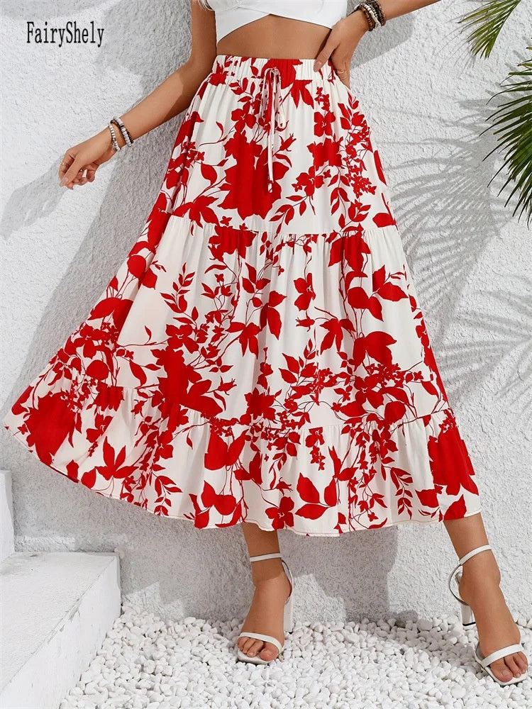 Fairyshely Red Leaf Print High Waist Midi Skirt for Women
