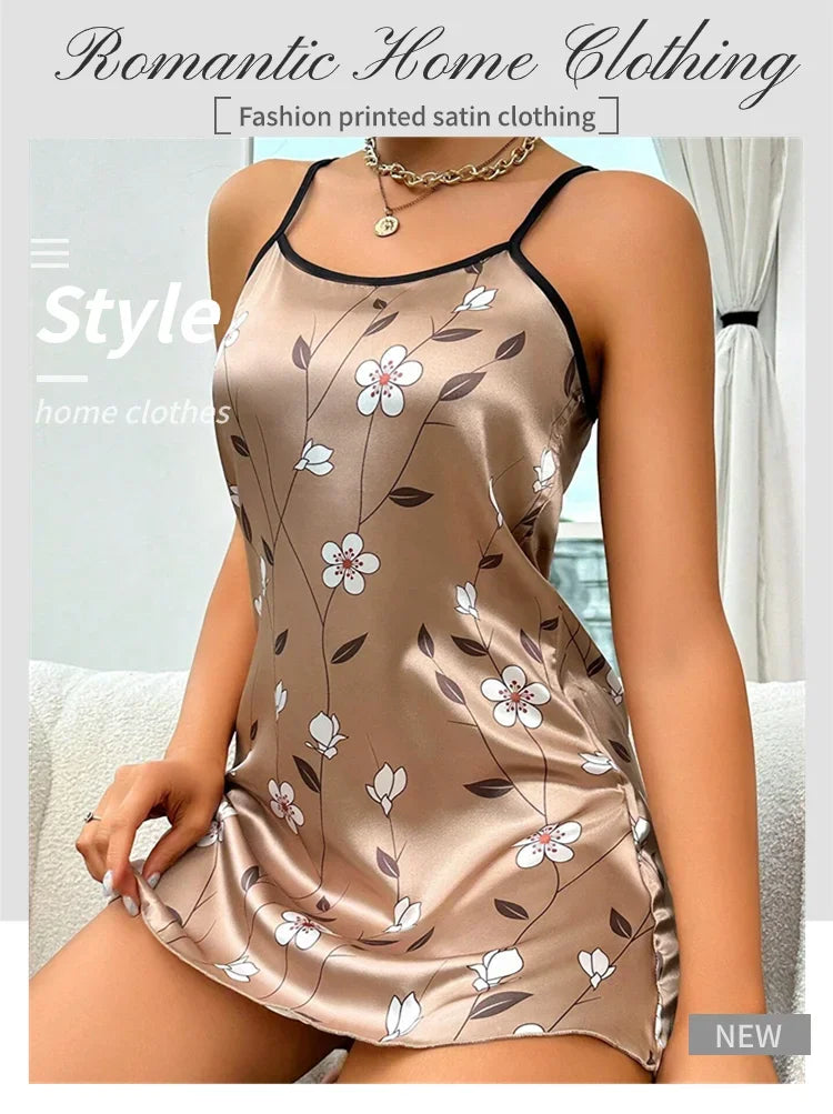 Floral Satin Sleeveless Nightgown for Women