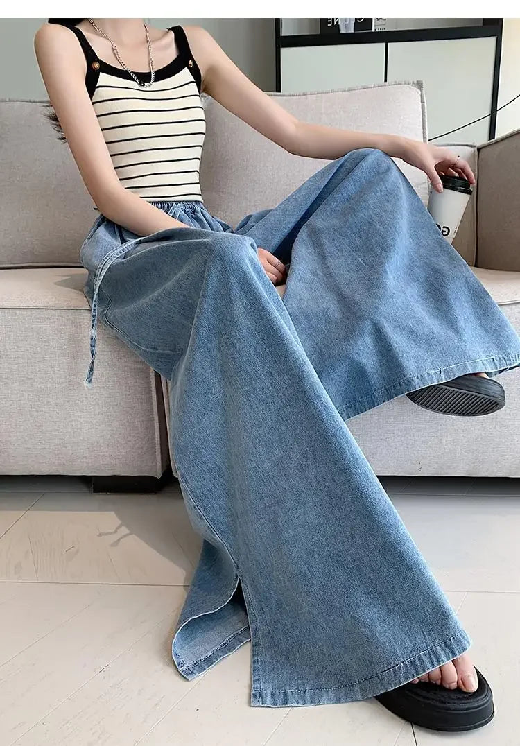 2024 Autumn Plus Size Wide-Leg Jeans – Loose-Fit Ground-Length Slimming Casual Pants for Women