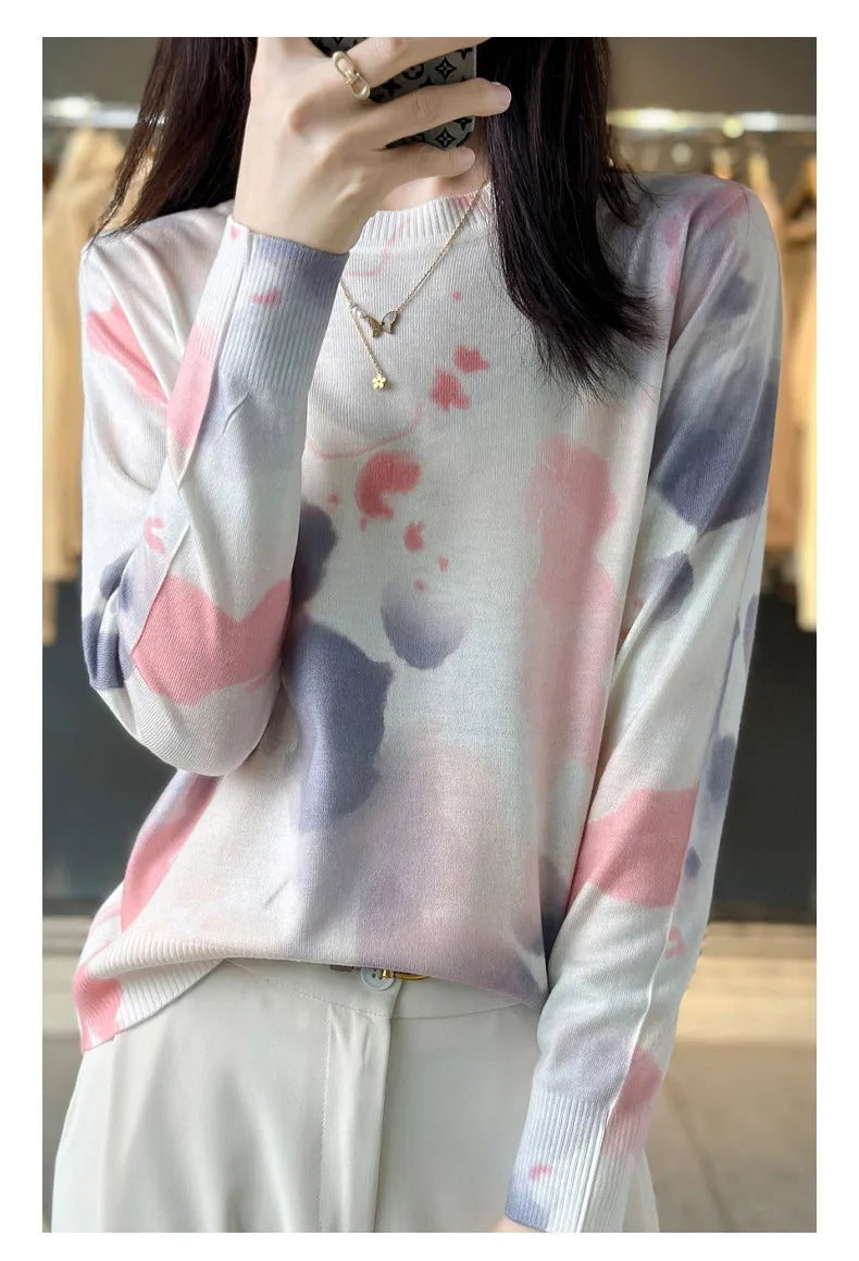 Women’s Wool & Silk Printed Sweater – Loose Fit Round Neck Knit Top