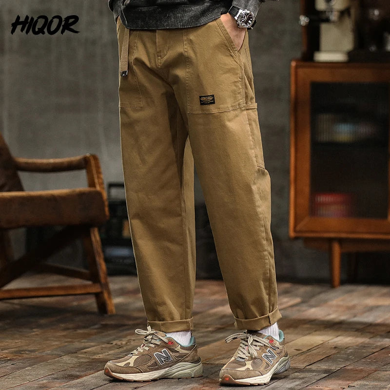 Men’s Cotton Cargo Pants – Loose Fit Mid-Waist Joggers with Belt