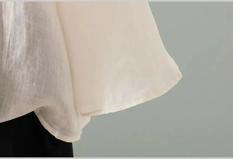 Women's Cotton Linen Embroidered Top – Summer Loose Fit T-Shirt with 3/4 Sleeves