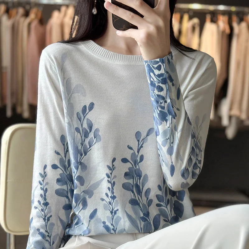 Women’s Wool & Silk Printed Sweater – Loose Fit Round Neck Knit Top