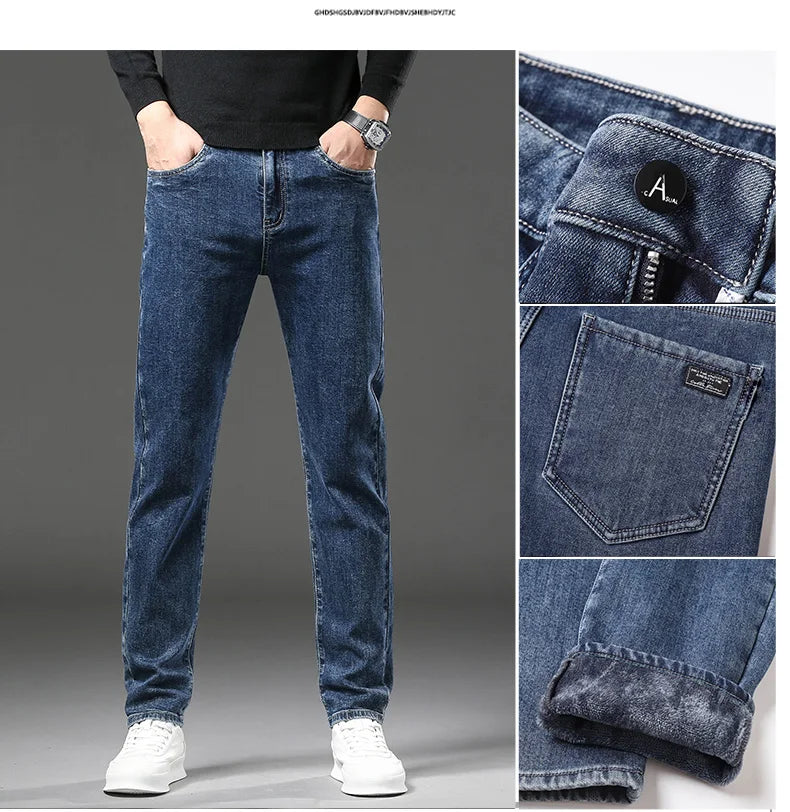 Men’s Winter Fleece-Lined Jeans – Thick Warm Slim Straight Elastic Denim Pants