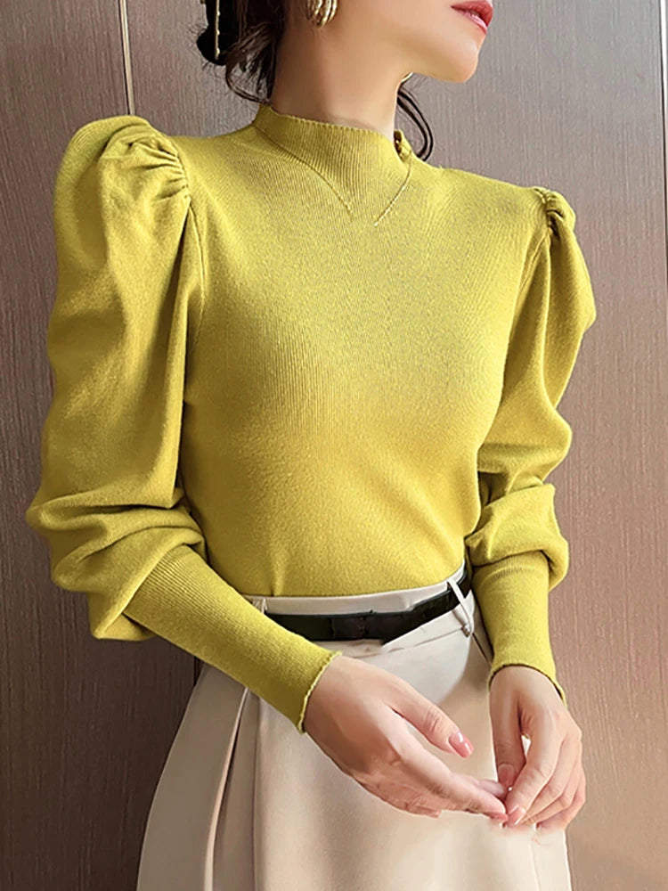 Women’s Puff Sleeve Turtleneck Slim Fit Sweater