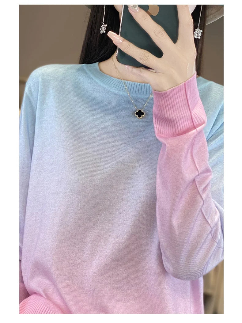 Women’s Wool & Silk Printed Sweater – Loose Fit Round Neck Knit Top