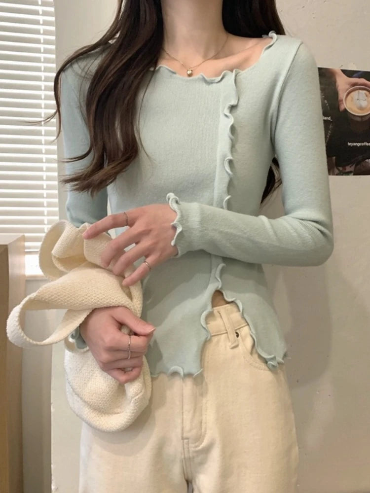 Women’s Slim Fit Lettuce-Edge Knit Sweater