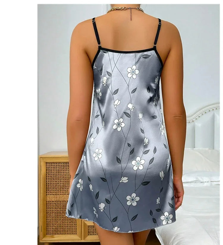 Floral Satin Sleeveless Nightgown for Women