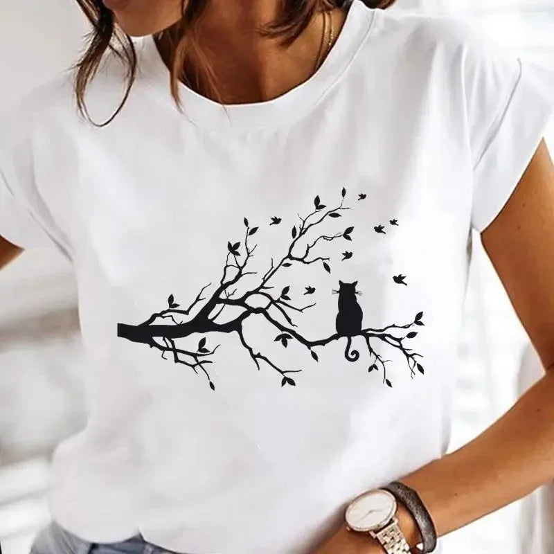 Women's White Black Cat Print Short Sleeve T-Shirt
