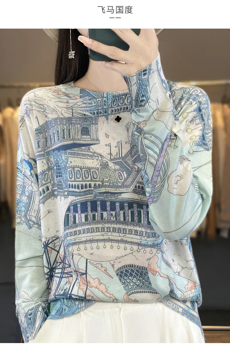 Women’s Wool & Silk Printed Sweater – Loose Fit Round Neck Knit Top