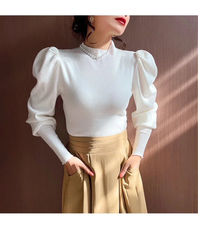 Women’s Puff Sleeve Turtleneck Slim Fit Sweater