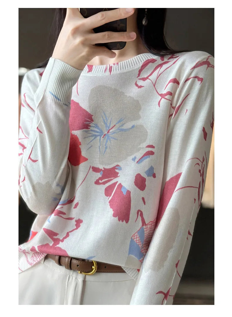 Women’s Wool & Silk Printed Sweater – Loose Fit Round Neck Knit Top