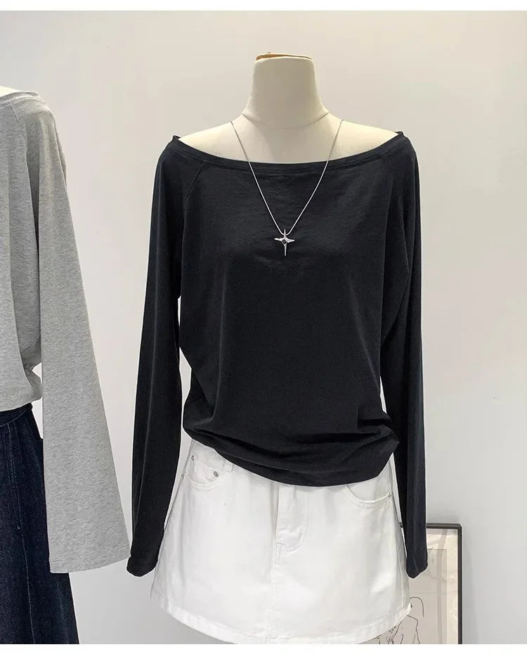 Women’s Off-Shoulder Cotton Long Sleeve T-Shirt