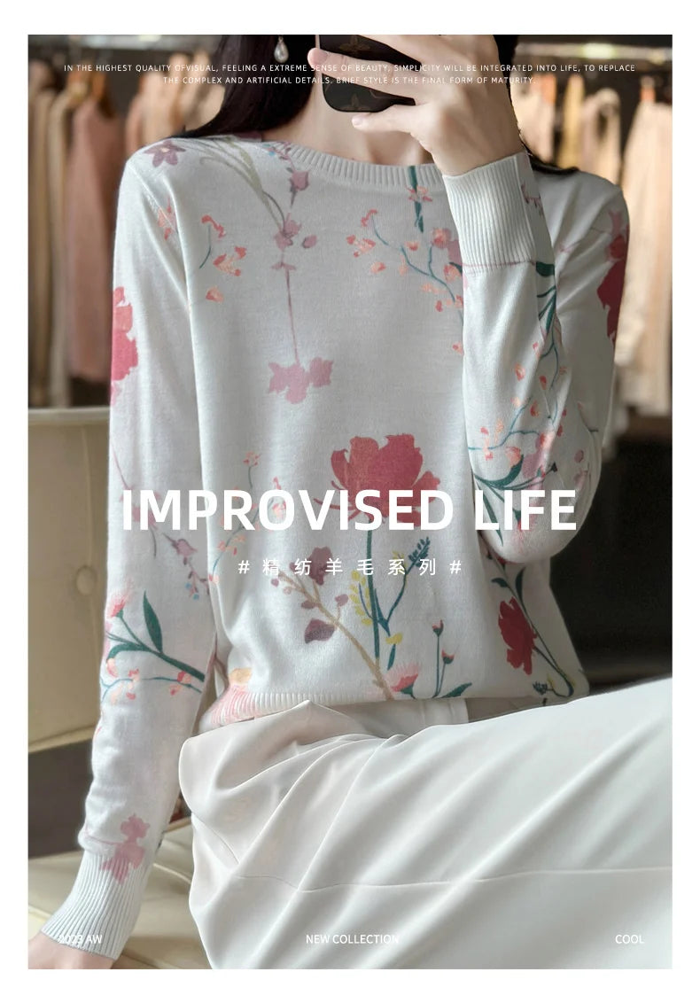 Women’s Wool & Silk Printed Sweater – Loose Fit Round Neck Knit Top