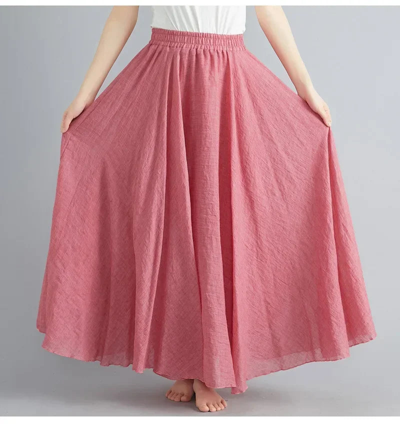 Women's Cotton Linen Maxi Skirt – Boho Y2K Casual Long Skirt, Elegant Beachwear Style