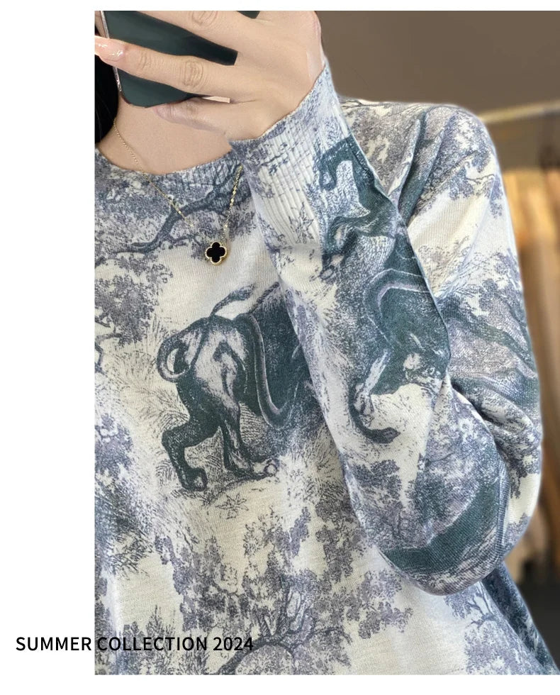 Women’s Wool & Silk Printed Sweater – Loose Fit Round Neck Knit Top