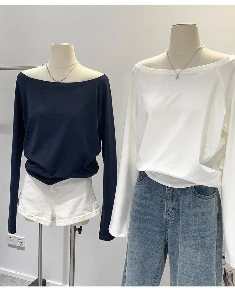 Women’s Off-Shoulder Cotton Long Sleeve T-Shirt