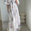 Women’s Vintage Print Dress – V-Neck Cotton Linen Short Sleeve Dress