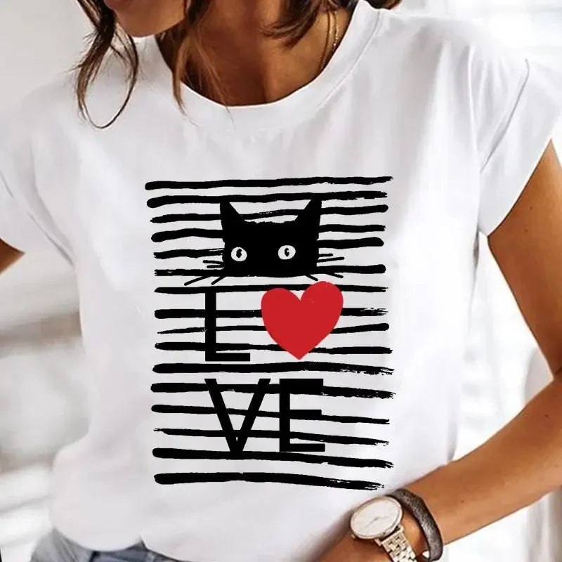 Women's White Black Cat Print Short Sleeve T-Shirt