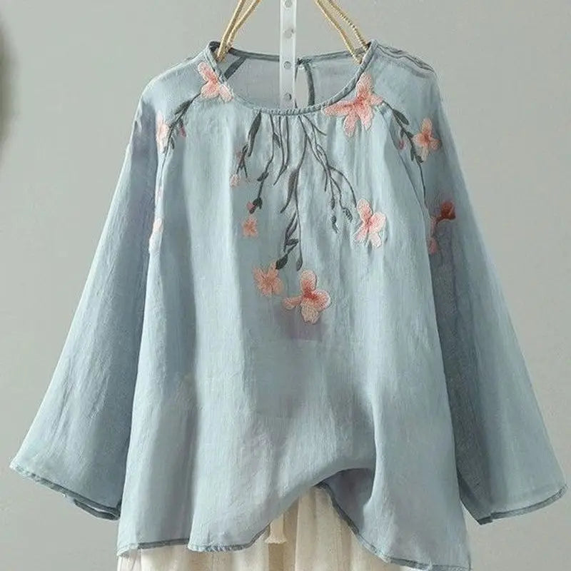 Women's Cotton Linen Embroidered Top – Summer Loose Fit T-Shirt with 3/4 Sleeves