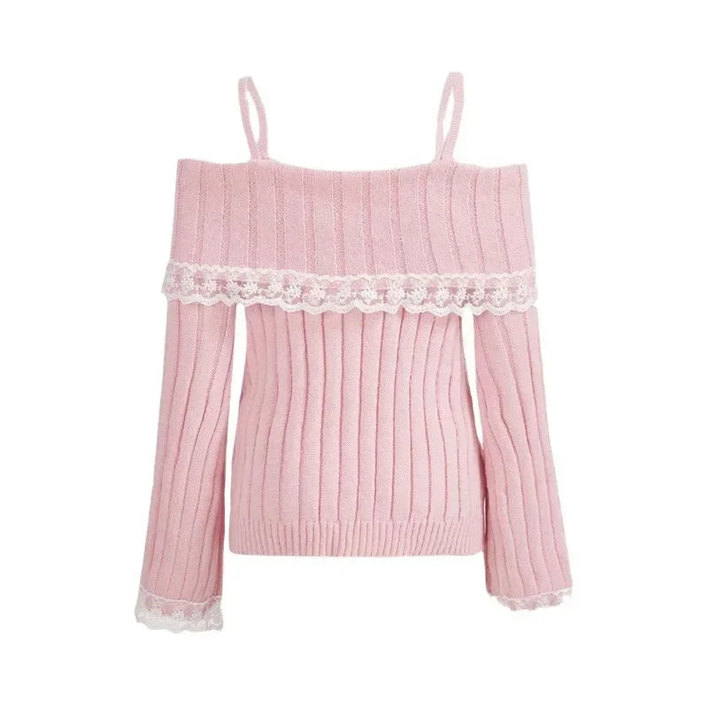 Women’s Off-Shoulder Pink Knit Sweater