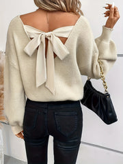 Women’s V-Neck Solid Color Relaxed-Fit Bow Sweater