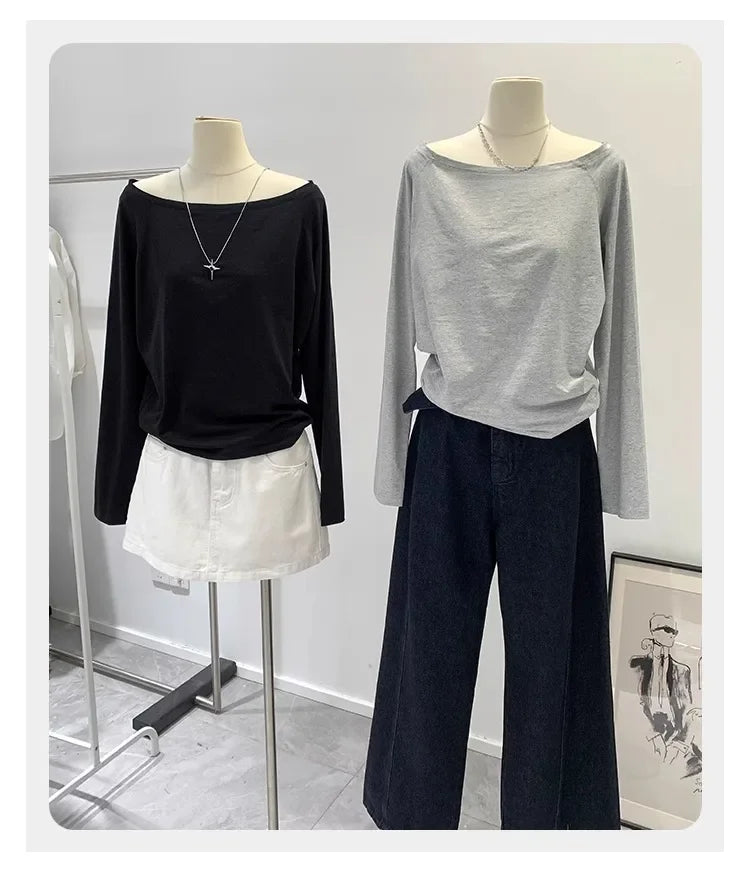 Women’s Off-Shoulder Cotton Long Sleeve T-Shirt