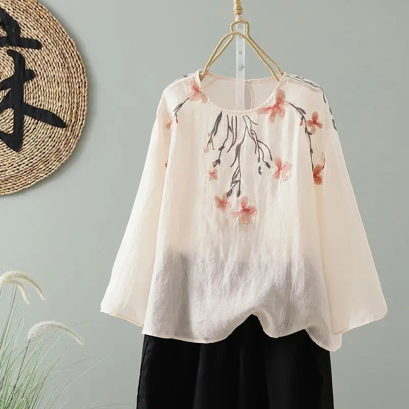 Women's Cotton Linen Embroidered Top – Summer Loose Fit T-Shirt with 3/4 Sleeves