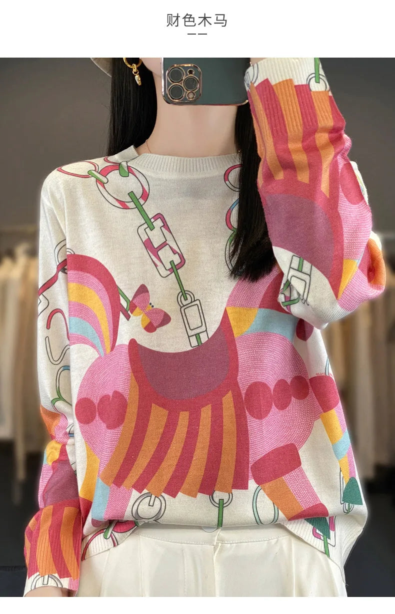 Women’s Wool & Silk Printed Sweater – Loose Fit Round Neck Knit Top