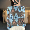 Women’s Wool & Silk Printed Sweater – Loose Fit Round Neck Knit Top