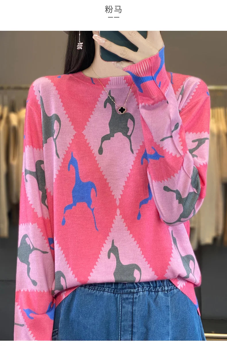 Women’s Wool & Silk Printed Sweater – Loose Fit Round Neck Knit Top