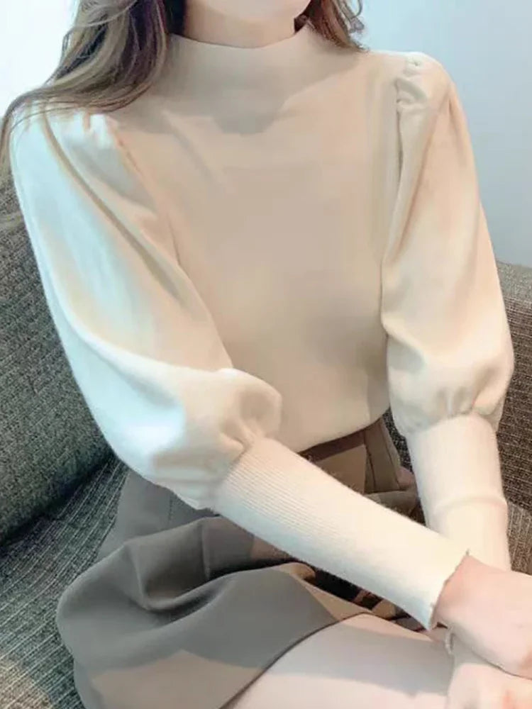 Women’s Puff Sleeve Turtleneck Slim Fit Sweater