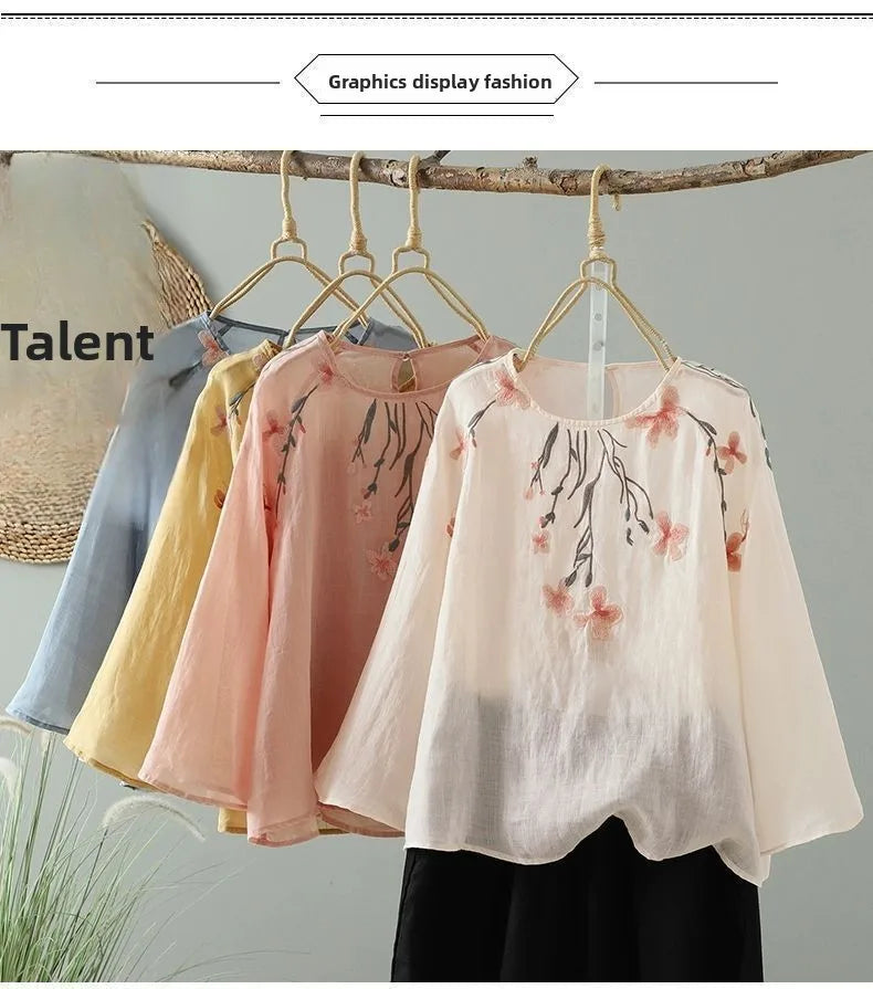 Women's Cotton Linen Embroidered Top – Summer Loose Fit T-Shirt with 3/4 Sleeves