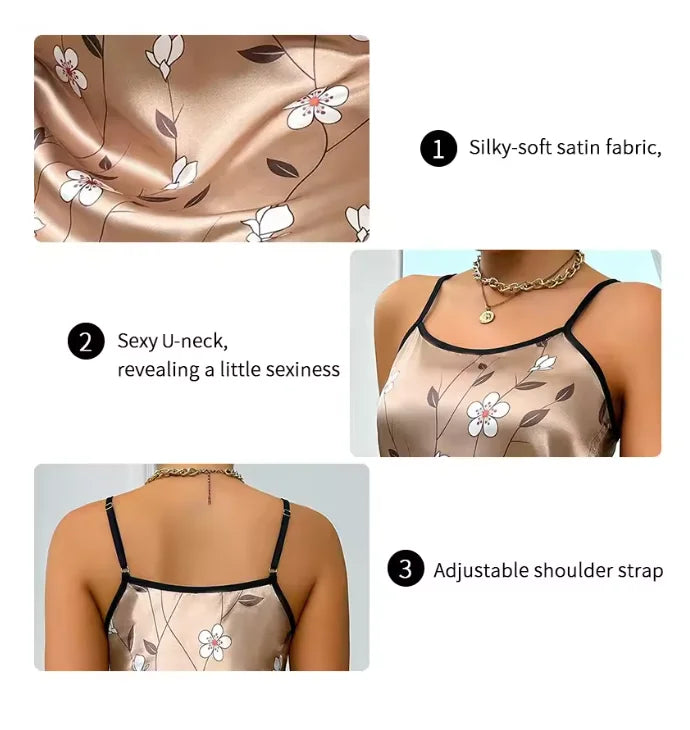 Floral Satin Sleeveless Nightgown for Women