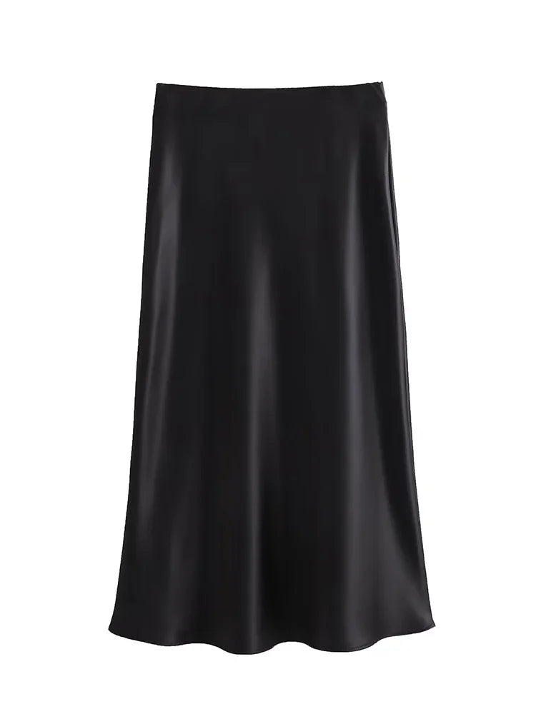 Willshela 2024 Black Satin Midi Skirt – High Waist Elegant Long Skirt for Women