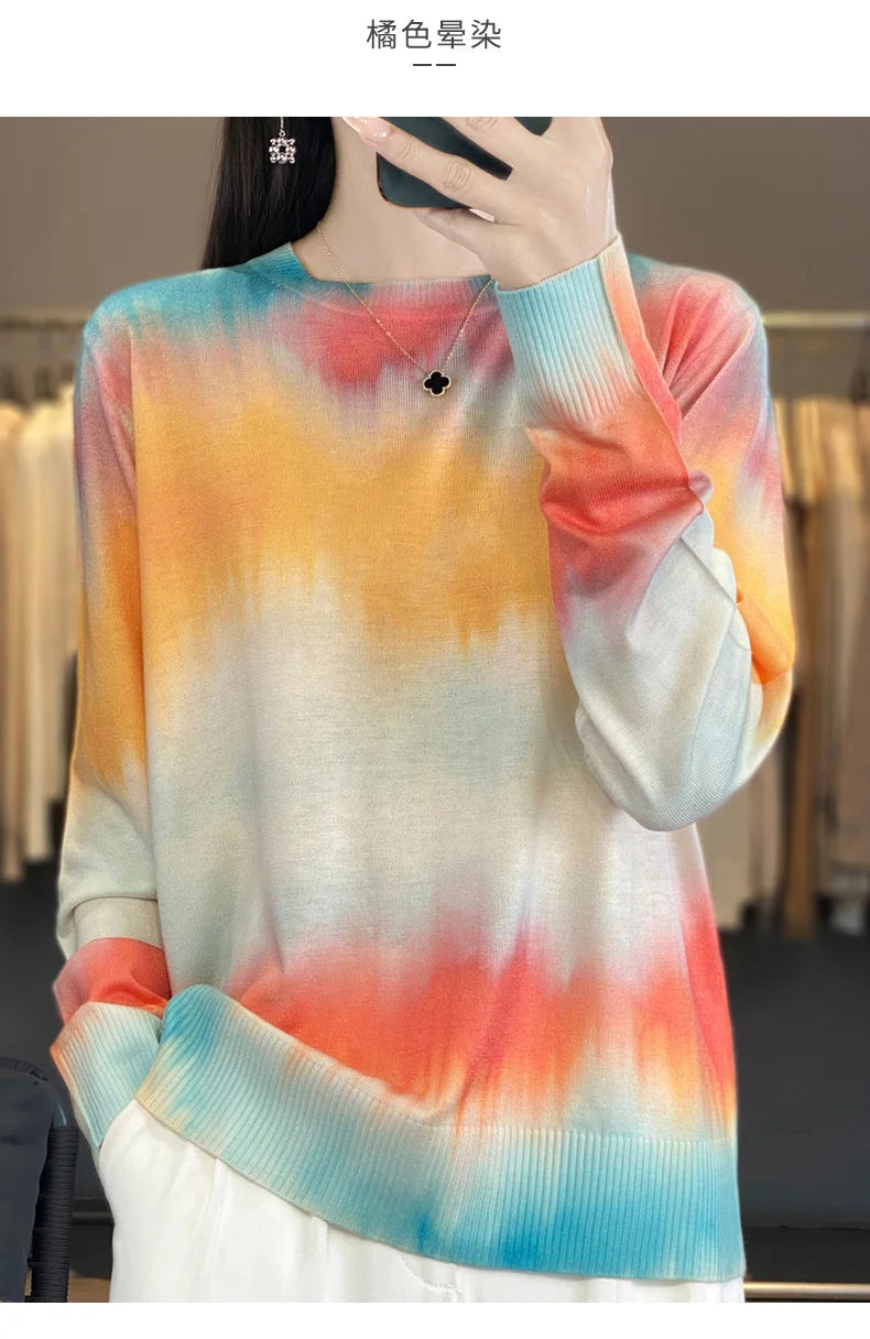 Women’s Wool & Silk Printed Sweater – Loose Fit Round Neck Knit Top