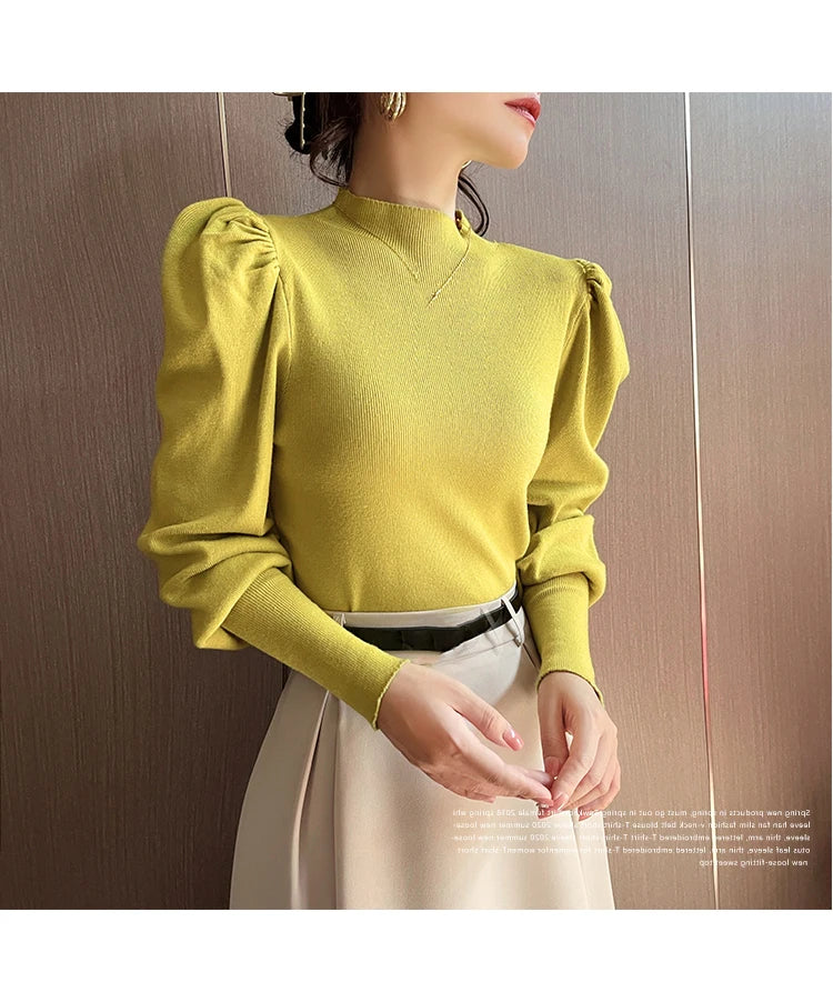 Women’s Puff Sleeve Turtleneck Slim Fit Sweater