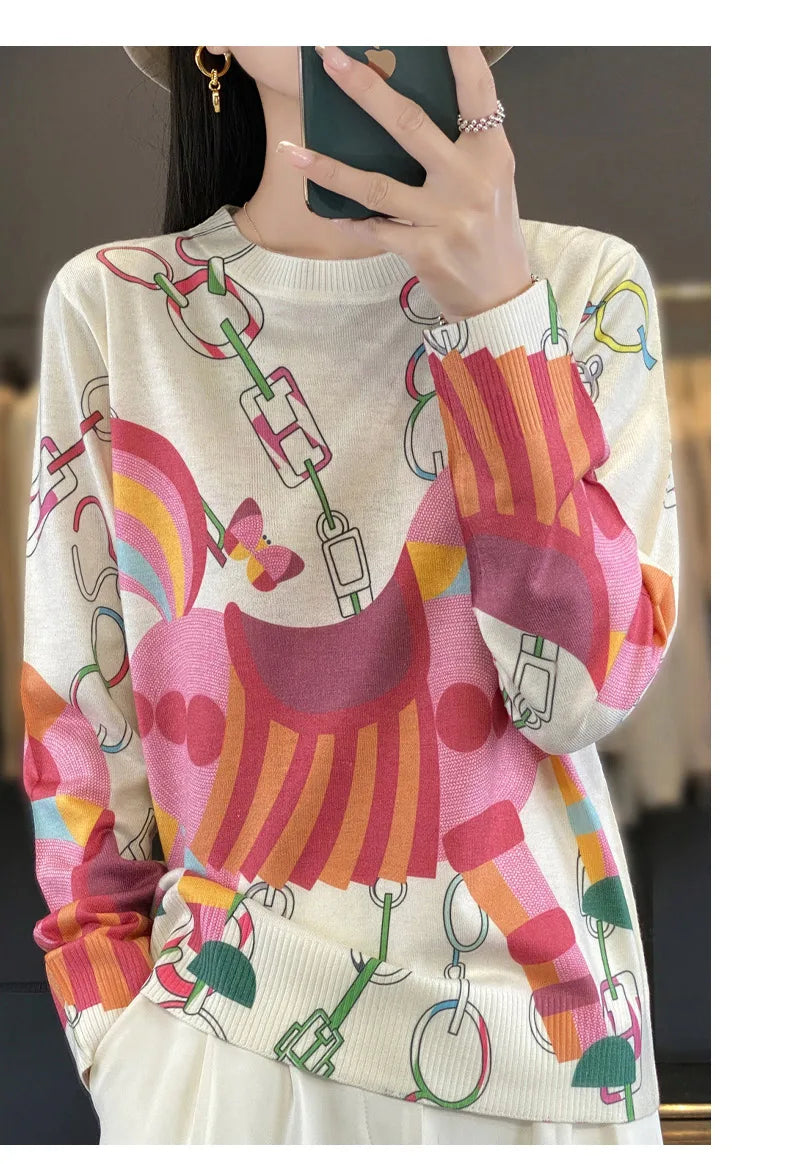 Women’s Wool & Silk Printed Sweater – Loose Fit Round Neck Knit Top