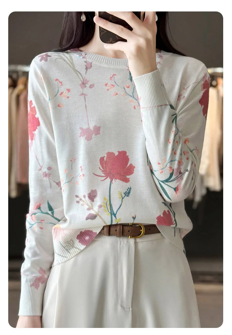 Women’s Wool & Silk Printed Sweater – Loose Fit Round Neck Knit Top