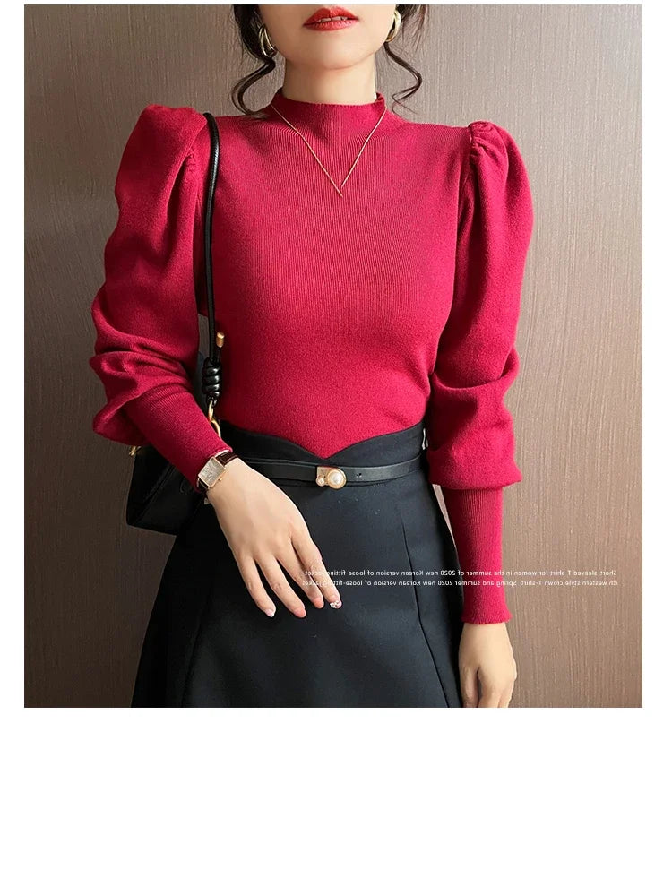 Women’s Puff Sleeve Turtleneck Slim Fit Sweater